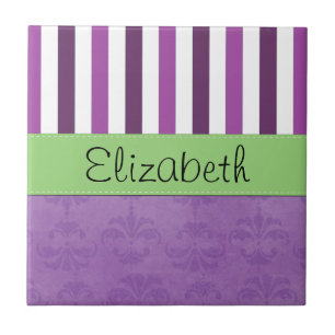 Lila Damask, Lila Rand, Stripe, ditt namn Kakelplatta