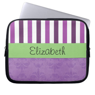 Lila Damask, Lila Rand, Stripe, ditt namn Laptop Sleeve