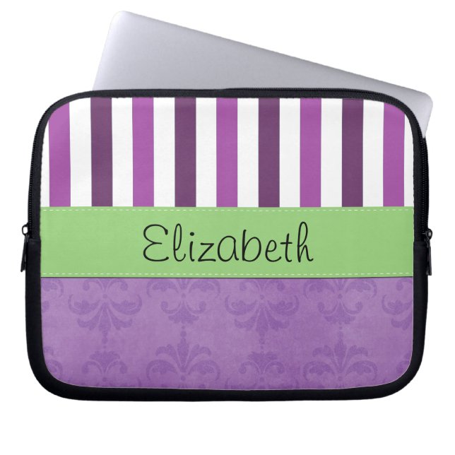 Lila Damask, Lila Rand, Stripe, ditt namn Laptop Sleeve (Framsidan)