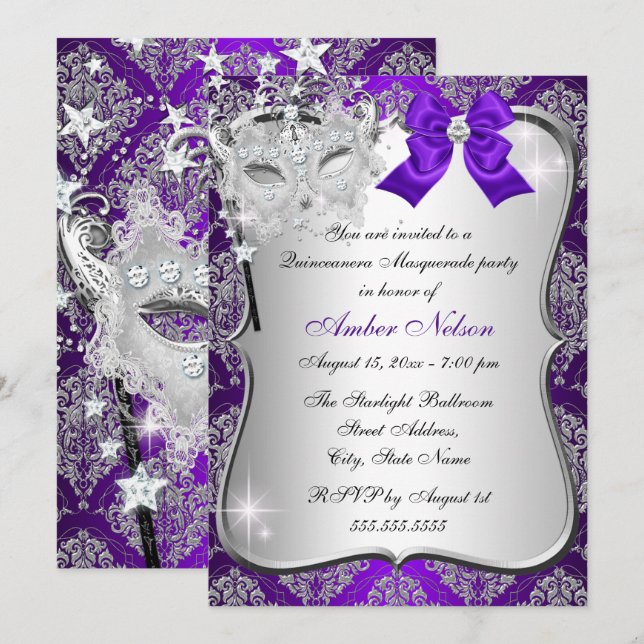 Lila Damask Mask Quinceanera Masquerade Inbjudan (Fram/baksida)
