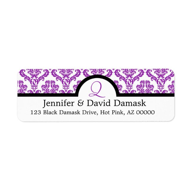 Lila Damask Monogram Q Bröllop e-postetiketter Returadress Etikett (Framsidan)