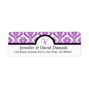 Lila Damask Monogram V Bröllop e-postetiketter Returadress Etikett
