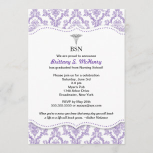Lila Damask Nurse studenten pinning inbjudan
