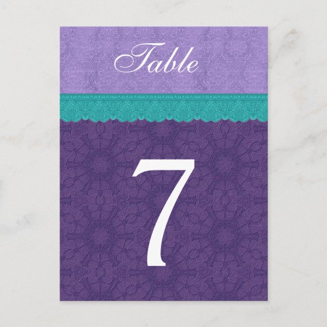 Lila Damask och Teal Snöre Bordsnummer kort V01 (Framsida)