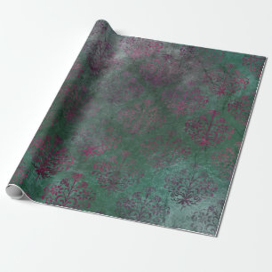 Lila Damask på bakgrunden till grönten Presentpapper