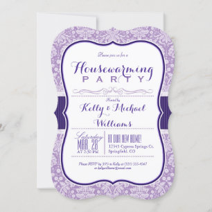 Lila Damask Pattern, Elegant Houseuppvärmning Part Inbjudningar