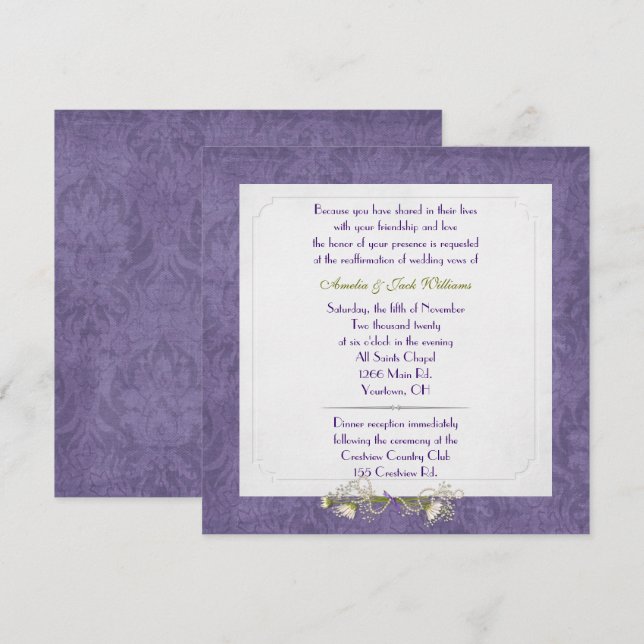 Lila Damask Ram bröllop Vow Renewal Inbjudningar (Fram/baksida)