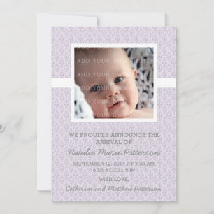 Lila Damask Ram Photo Baby annonsering Meddelande