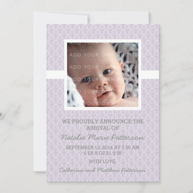Lila Damask Ram Photo Baby annonsering Meddelande (Framsida)