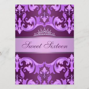 Lila Damask & Tiara Sweet16 Födelsedagsinbjudan Inbjudningar