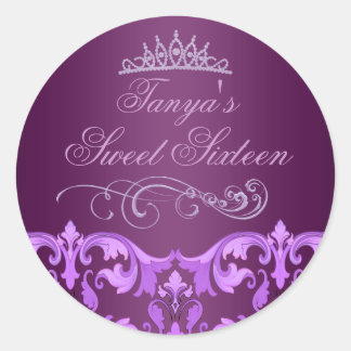 Lila Damask/Tiara Sweet 16 Kuvert Klistermärke/sig Runt Klistermärke