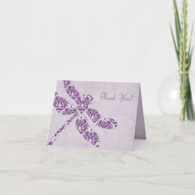 Lila Damask Trollslända Bröllop Tack Kort (Framsida)