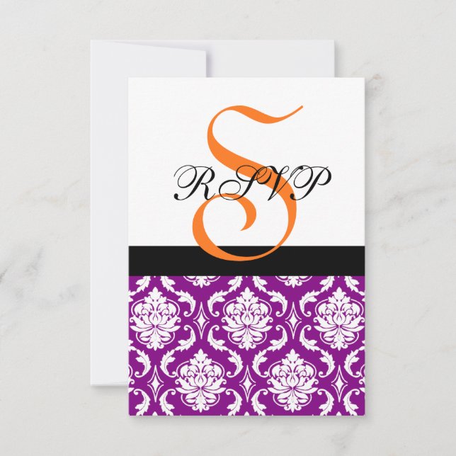 Lila Damask Wedding OSA kort | Orange Monogram (Framsida)