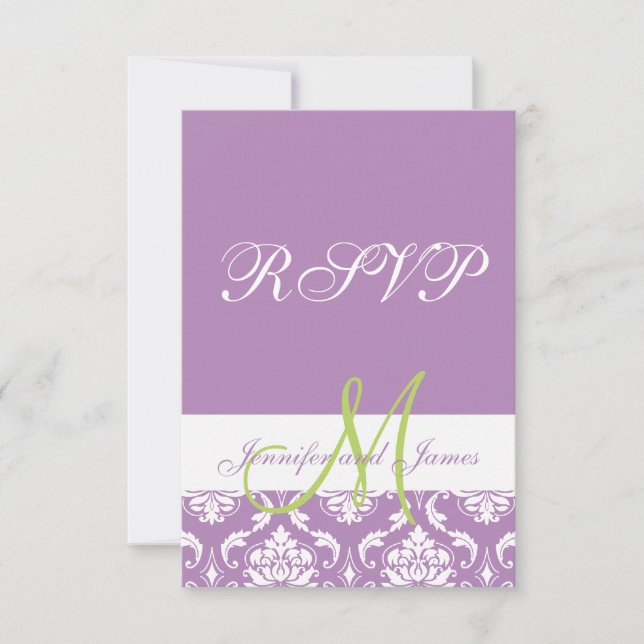 Lila Damaskmonogram Foto Bröllops RSVP OSA Kort (Framsida)