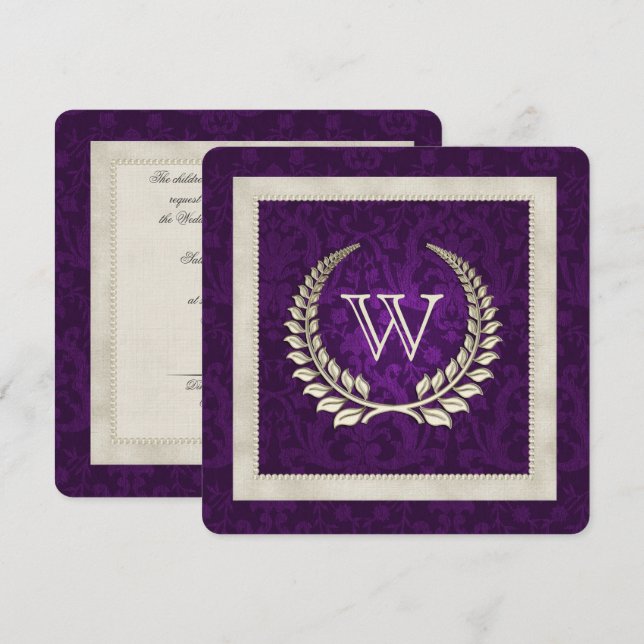 Lila damast och pärlor vigselutfästelse förnyelse inbjudningar (Fram/baksida)