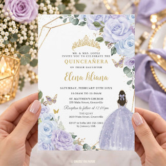 Lila dammblå blomstergudstjänst Quinceañera XV Inbjudningar