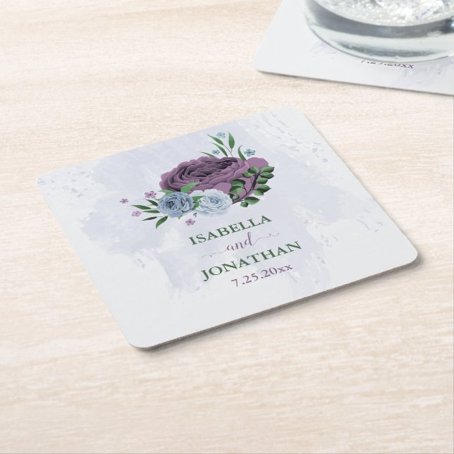 Lila Dammblått blommigt bröllop Underlägg Papper Kvadrat (Vinklad)