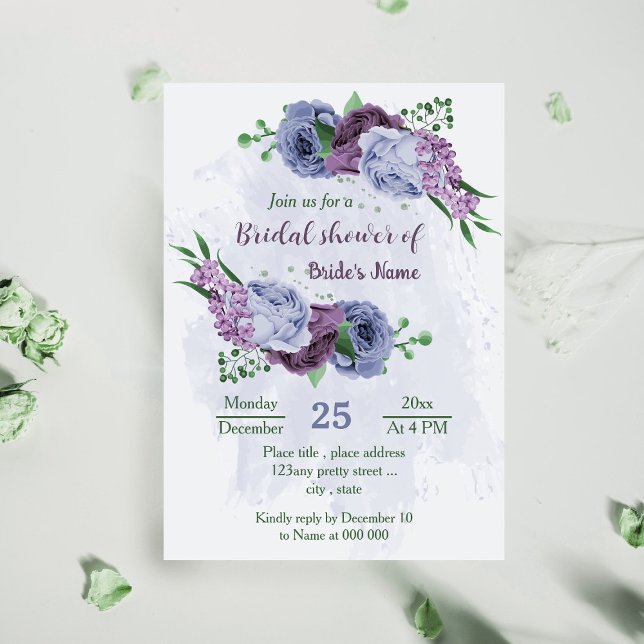 Lila dammig blåa blommor greenery möhippa inbjudningar (Skapare uppladdad)