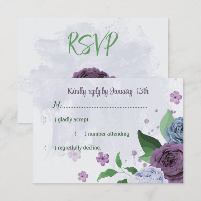 Lila dammiga blåa blommor grönt löv bröllop OSA kort (Fram/baksida)