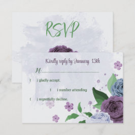 Lila dammiga blåa blommor grönt löv bröllop OSA kort