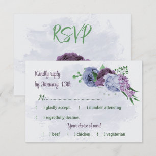 Lila dammiga blåa blommor grönt löv bröllop OSA kort