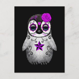 Lila Day of the dead Sugar Skull Penguin Black Vykort
