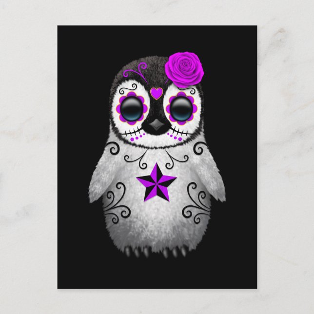 Lila Day of the dead Sugar Skull Penguin Black Vykort (Framsida)