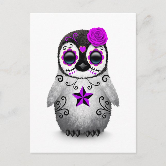 Lila Day of the dead Sugar Skull Penguin White Vykort (Framsida)