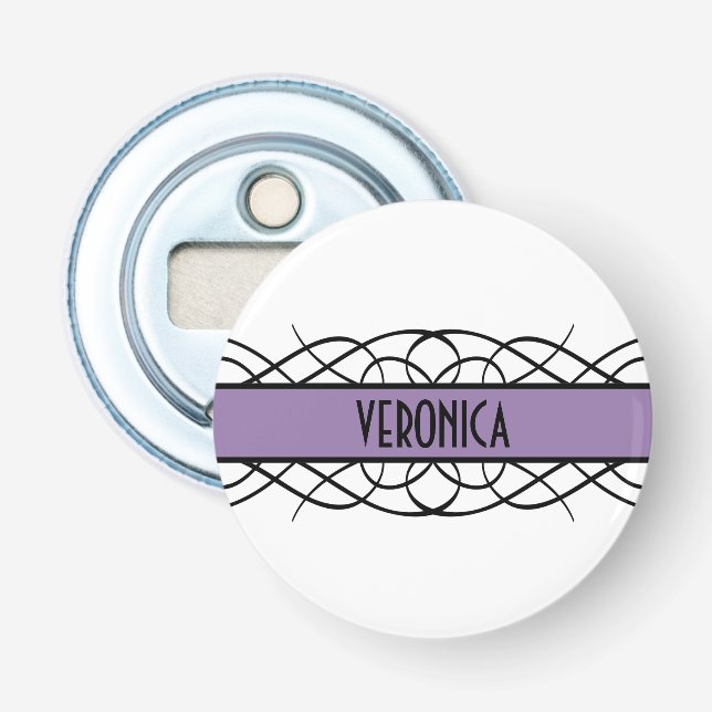 Lila Deco Flourish Button Bottenöppnare Flasköppnare (Framsidan)