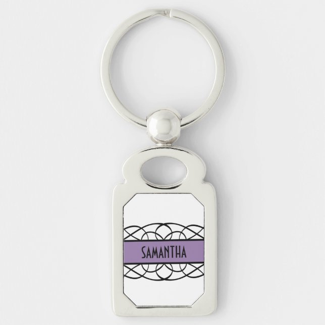 Lila Deco Flourish Metall Keychain Rektangulärt Silverfärgad Nyckelring (Framsidan)