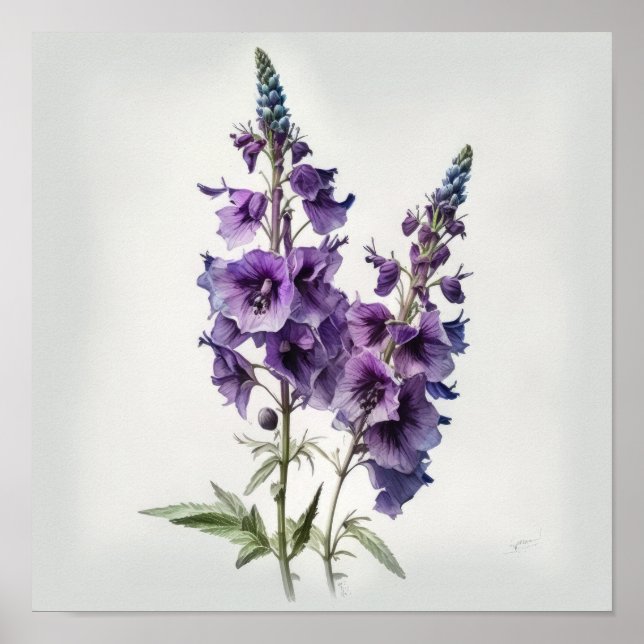 Lila Delphinium Blomma Konsttryck Poster (Framsidan)