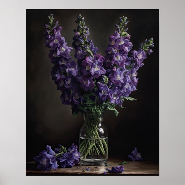 Lila Delphinium Flowers Art Skriv ut Poster (Framsidan)