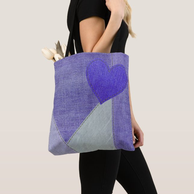 Lila Denim Heart Tote Bag Tygkasse (Närbild)