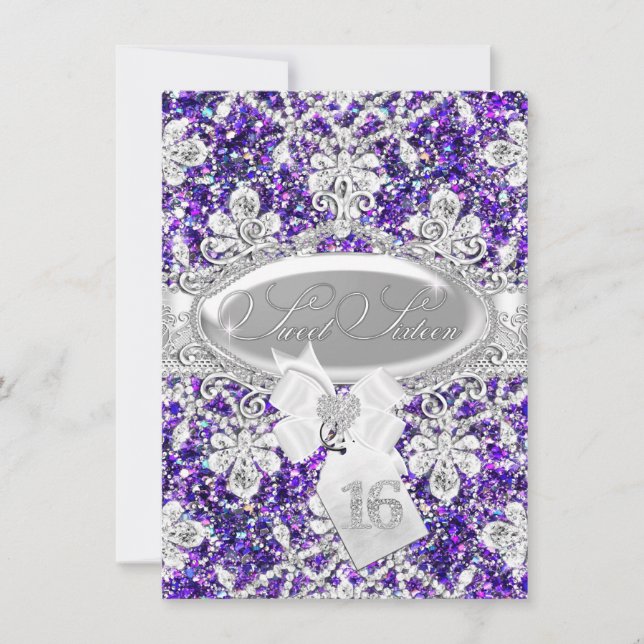 Lila Diamant Glitter Prinsessa Sweet 16 Inbjudan (Framsida)