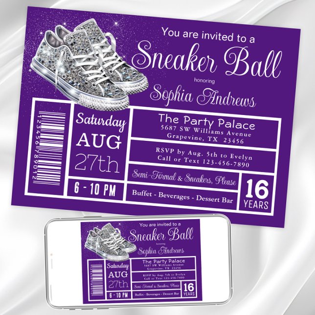 Lila Diamant Sneaker Ball Födelsedagsfest Inbjudningar (Purple sneaker ball invitation. Instant download and printed invitations available.)