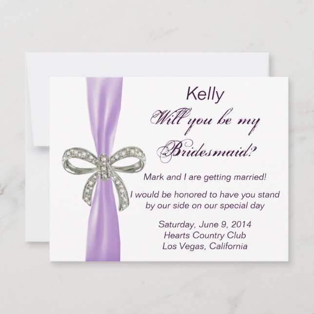 Lila Diamond Bow Bröllop Bridesmaid Card Inbjudningar (Framsida)