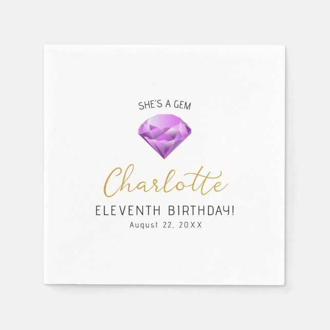 Lila Diamond Gem Birthday Papper Napkins Pappersservett (Framsidan)