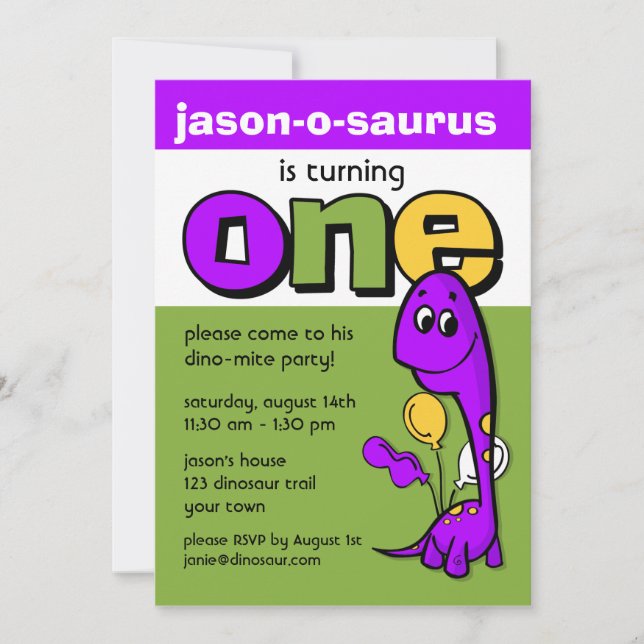 Lila Dinosaur 1:a födelsedagen Inbjudningar (Framsida)