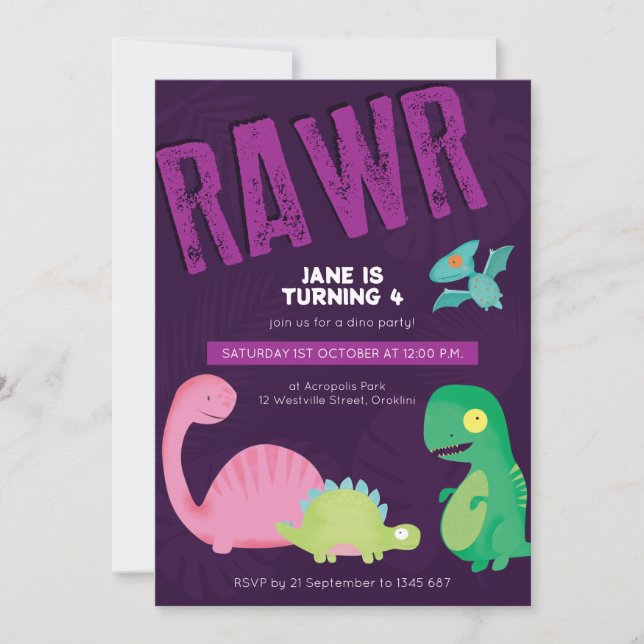Lila Dinosaur Birthday Inbjudan (Framsida)