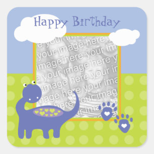 Lila Dinosaur Birthday med Dots Photo Fyrkantigt Klistermärke