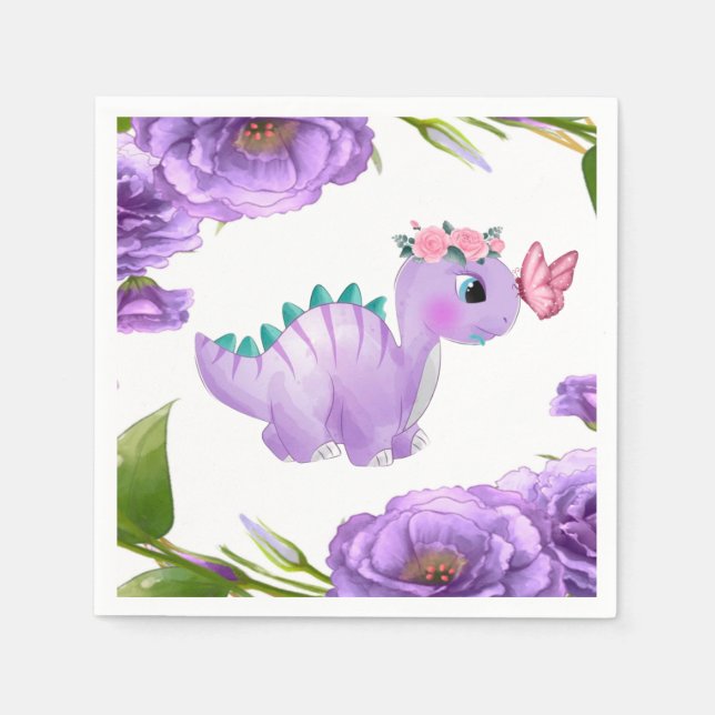Lila Dinosaur Blommigt Baby Shower Napkin Pappersservett (Framsidan)