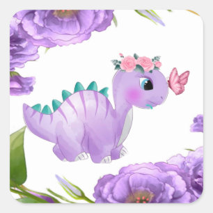 Lila Dinosaur Blommigt Baby Shower Square Fyrkantigt Klistermärke