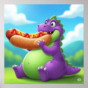 Lila Dinosaur Enjoeing a Hett Hund Poster