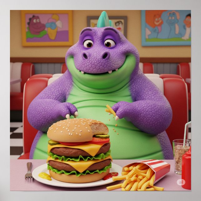 Lila Dinosaur Enjoying a Burger Poster (Framsidan)