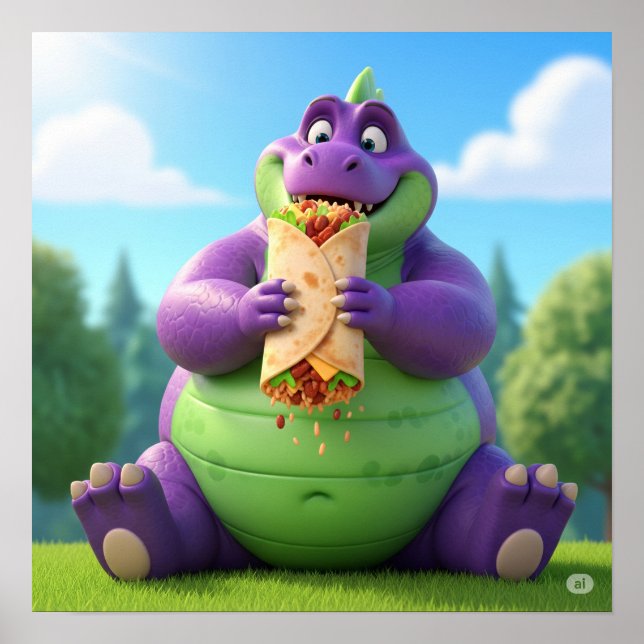 Lila Dinosaur Enjoying a Burrito Poster (Framsidan)