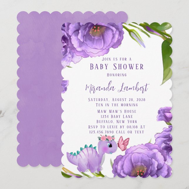 Lila Dinosaur Peony Butterfly Girl Baby Shower Inbjudningar (Fram/baksida)