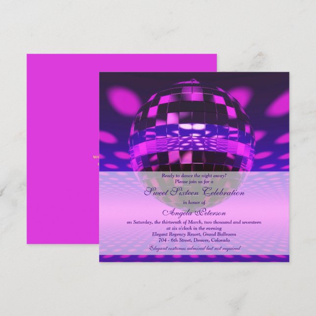 Lila Disco Boll Sweet 16 Birthday Inbjudningar (Fram/baksida)