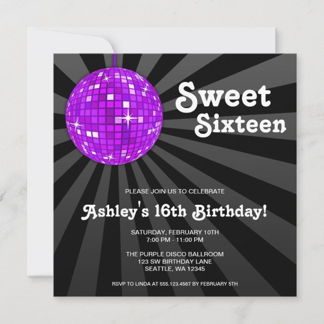 Lila Disco Boll Sweet 16 Födelsedagsfest Inbjudningar (Framsida)