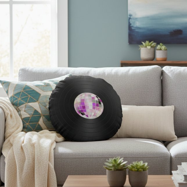 Lila Disco Boll Vinylskiva Rund Kudde (Skapare uppladdad)