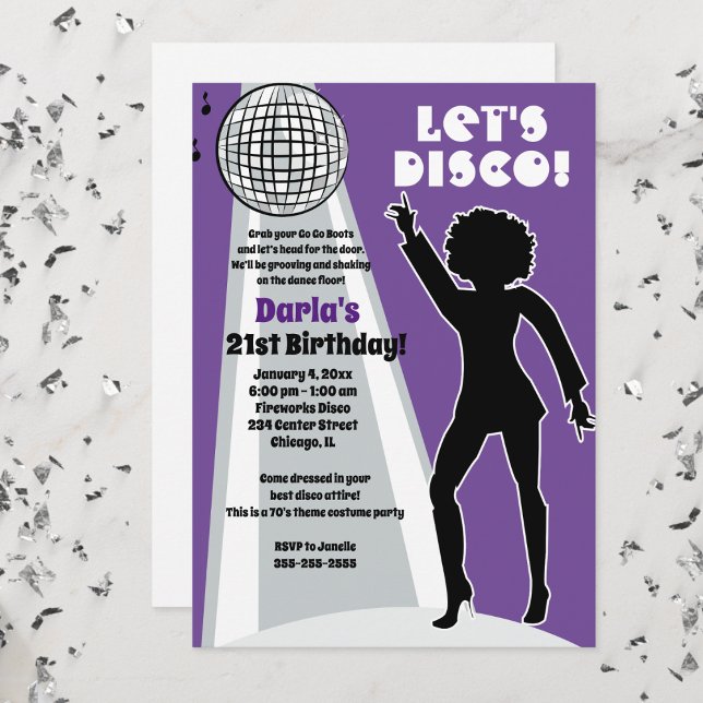 Lila Disco Party Kvinnors födelsedagskorgen Boogie Inbjudningar (Disco Party Birthday Invitation Purple and Gray)
